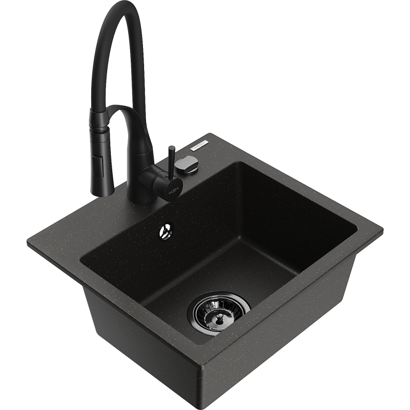 Mexen Milo 1-komorový granitový drez s kuchynskou batériou Aster, čierny/zlatý metalický - 6505-75-73450-70-B