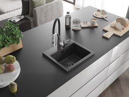 Mexen Milo granitový kuchynský drez 1-komorový s kuchynskou batériou Aster, čierny škvrnitý - 6505-76-73450-07-B