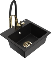 Mexen Milo žulový drevený drez 1-komorový s kuchynskou batériou Aster, čierny - 6505-77-73450-57-G