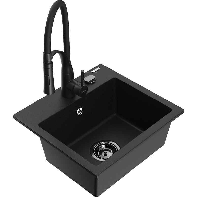 Mexen Milo granitový drez 1-komorový s kuchynskou batériou Aster, čierny - 6505-77-73450-70-B