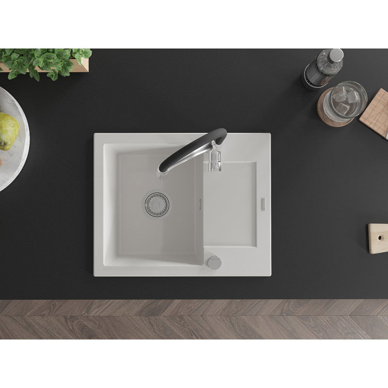 Mexen Enzo žulový kuchynský drez s 1 komorou, odkvapkávačom a kuchynskou batériou Aster, biely - 6506-20-73450-07