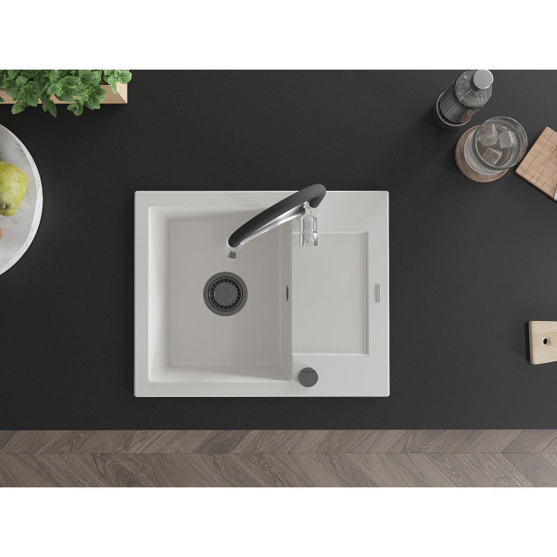 Mexen Enzo granitový drez s 1 komorou s odkvapkávačom a kuchynskou batériou Aster, biely - 6506-20-73450-07-B