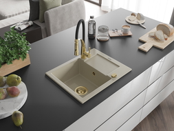 Mexen Enzo jednokomorový granitový drez s odkvapkávačom a kuchynskou batériou Aster, béžový - 6506-69-73450-57-G