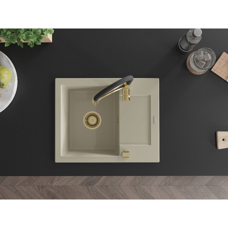 Mexen Enzo jednokomorový granitový drez s odkvapkávačom a kuchynskou batériou Aster, béžový - 6506-69-73450-57-G