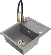 Mexen Enzo žulový drezy 1-komorový s odkvapkávacou plochou a kuchynskou batériou Aster, sivý - 6506-71-73450-57-G