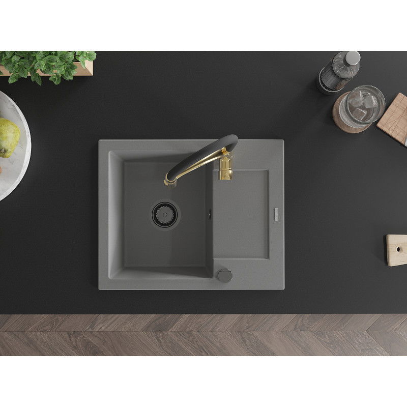 Mexen Enzo Granitový drez s 1-komorou s odkvapkávacou plochou a kuchynskou batériou Aster, sivý - 6506-71-73450-57-B