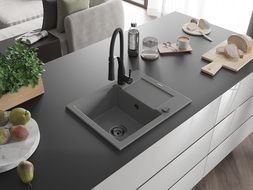 Mexen Enzo žulový kuchynský drez 1-komorový s odkvapkávačom a kuchynskou batériou Aster, sivý - 6506-71-73450-70-B