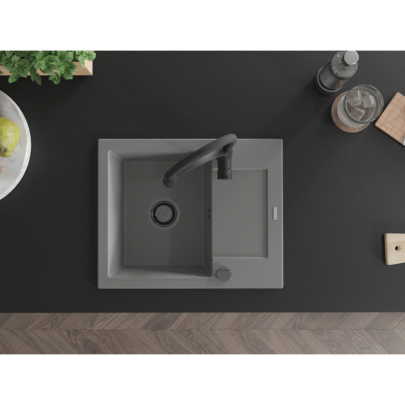 Mexen Enzo žulový kuchynský drez 1-komorový s odkvapkávačom a kuchynskou batériou Aster, sivý - 6506-71-73450-70-B