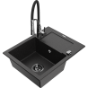 Mexen Enzo granitový drez s jednou komorou, odkvapkávačom a kuchynskou batériou Aster, čierny/strieborný metalický
