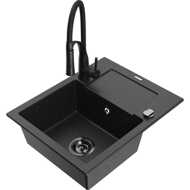 Mexen Enzo granitový jednokomorový drez s odkvapkávačom a kuchynskou batériou Aster, čierna/strieborná metalíza