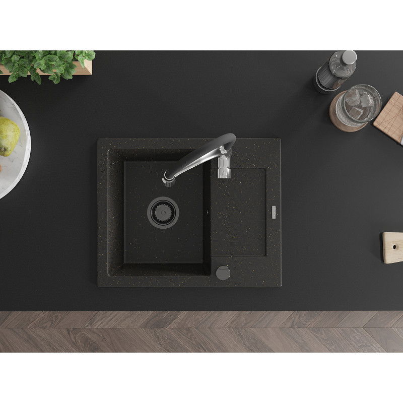Mexen Enzo granitový drez s 1 komorou, s odkvapkávačom a kuchynskou batériou Aster, čierny/zlatý metalik - 6506-75-73450-07-B