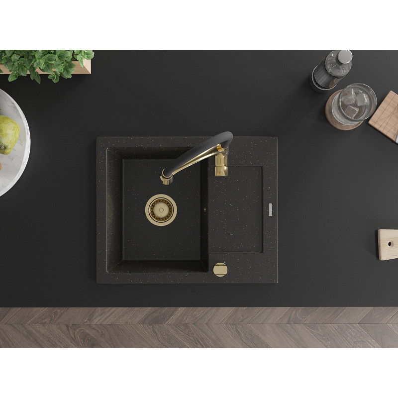Mexen Enzo žulový drez s 1 komorou a odkvapkávačom a kuchynská batéria Aster, čierna/zlatý metalický - 6506-75-73450-57-G