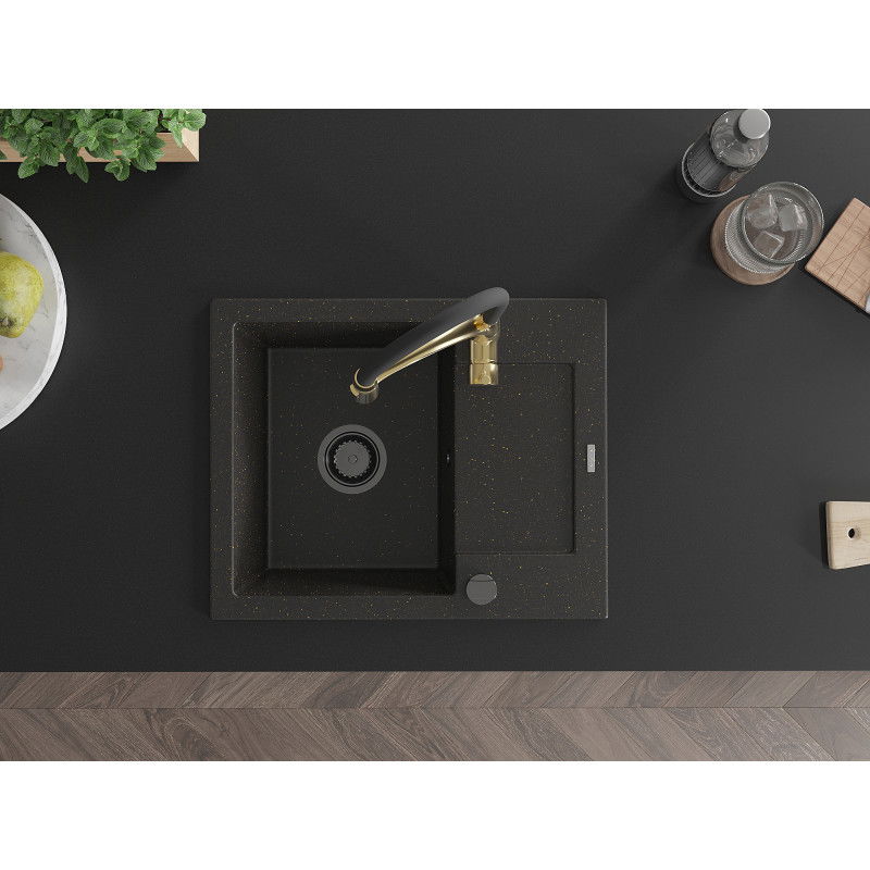 Mexen Enzo granitový drez 1-komorový s odkvapávačom a kuchynskou batériou Aster, čierny/zlatý metalik - 6506-75-73450-57-B