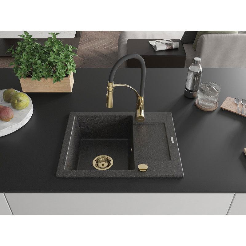 Mexen Enzo žulový kuchynský drez s 1 komorou, odkvapkávačom a kuchynskou batériou Aster, čierny škvrnitý - 6506-76-73450-57-G