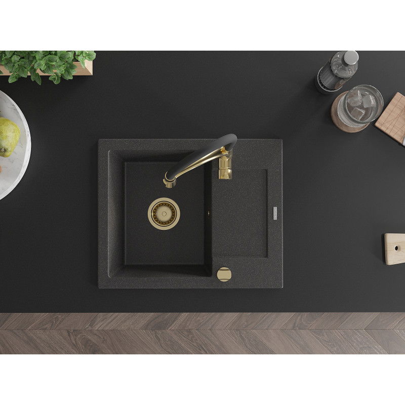 Mexen Enzo žulový kuchynský drez s 1 komorou, odkvapkávačom a kuchynskou batériou Aster, čierny škvrnitý - 6506-76-73450-57-G