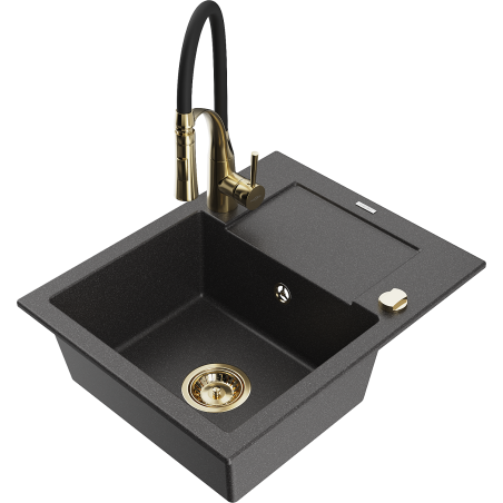 Mexen Enzo žulový kuchynský drez s 1 komorou, odkvapkávačom a kuchynskou batériou Aster, čierny škvrnitý - 6506-76-73450-57-G