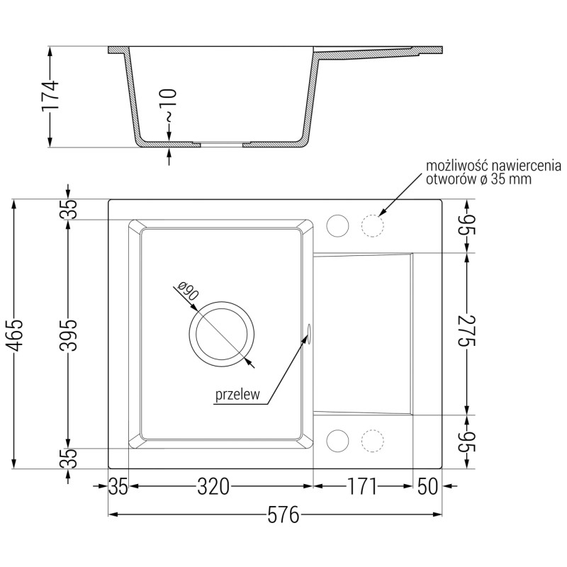 Mexen Enzo granitový jedno-komorový drez s odkvapkávačom a kuchynskou batériou Aster, čierny s bielymi bodkami