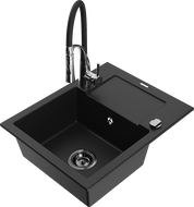 Mexen Enzo granitový kuchynský drez 1-komorový s odkvapkávačom a kuchynskou batériou Aster, čierny - 6506-77-73450-07-B