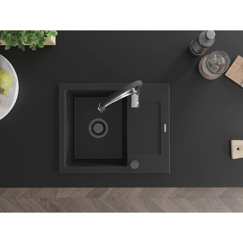 Mexen Enzo granitový kuchynský drez 1-komorový s odkvapkávačom a kuchynskou batériou Aster, čierny - 6506-77-73450-07-B