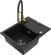 Mexen Enzo kuchynský drez z granitu s 1 komorou s odkvapkávačom a kuchynskou batériou Aster, čierna - 6506-77-73450-57-B