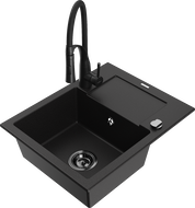 Mexen Enzo žulový kuchynský drez 1-komorový s odkvapkávačom a kuchynskou batériou Aster, čierny - 6506-77-73450-70-B
