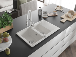Mexen Gaspar granitový drez 1,5-komorový s odkvapkávačom a kuchynskou batériou Aster, biely - 6507-20-73450-02
