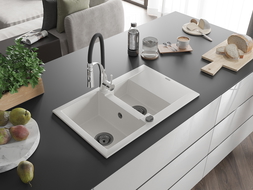 Mexen Gaspar žulový drez 1,5-komorový s odkvapkávacím priestorom a kuchynskou batériou Aster, biely - 6507-20-73450-07-B