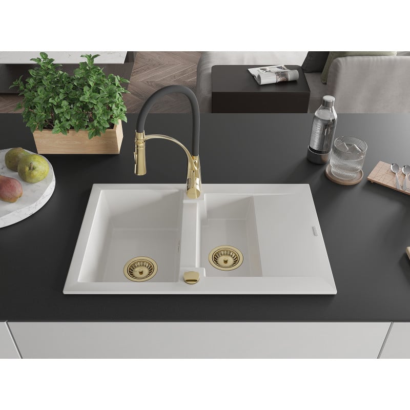 Mexen Gaspar granitový drez 1,5-komorový s odkvapkávačom a kuchynskou batériou Aster, biely - 6507-20-73450-57-G