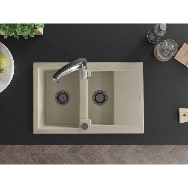 Mexen Gaspar žulový drevený drez s 1,5-komorou s odkvapkávačom a kuchynskou batériou Aster, béžový - 6507-69-73450-07-B
