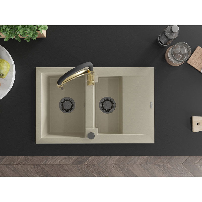 Mexen Gaspar granitový kuchynský drez 1,5-komorový s odkvapkávačom a kuchynskou batériou Aster, béžový - 6507-69-73450-57-B