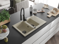 Mexen Gaspar granitový drez 1,5-komorový s odkvapkávačom a kuchynskou batériou Aster, béžový - 6507-69-73450-70-B