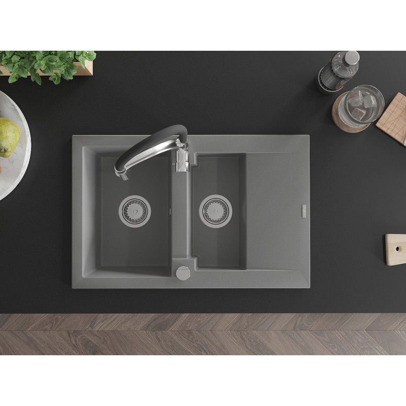 Mexen Gaspar granitový kuchynský drez 1,5-komorový s odkvapkávačom a kuchynskou batériou Aster, sivý - 6507-71-73450-07
