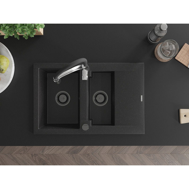 Mexen Gaspar granitový drez 1,5-komorový s odkvapom a kuchynskou batériou Aster, čierny/strieborný - 6507-73-73450-07-B