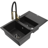 Mexen Gaspar Žulový kuchynský drez s 1,5 komorami, odkvapkávačom a kuchynskou batériou Aster, čierny/strieborný