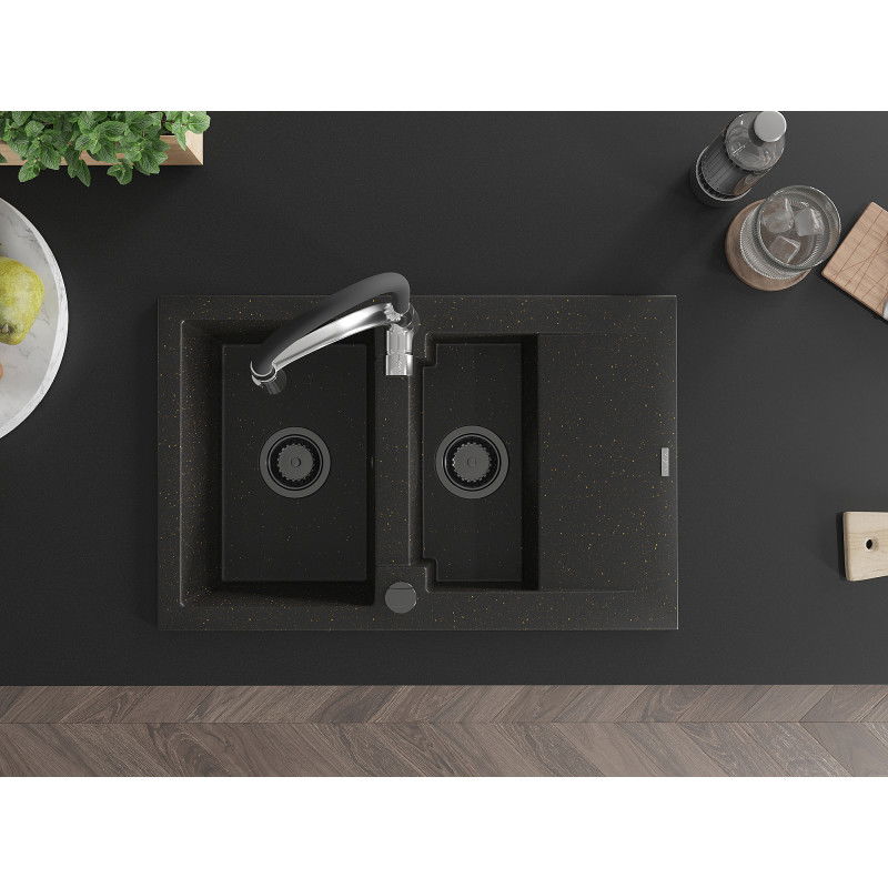 Mexen Gaspar žulový drez 1,5-komorový s odkvapkávačom a kuchynskou batériou Aster, čierny/zlatý metalik - 6507-75-73450-07-B