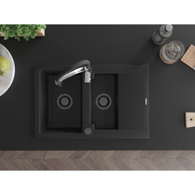 Mexen Gaspar granitový drez 1,5-komorový s odkvapkávačom a kuchynskou batériou Aster, čierny - 6507-77-73450-07-B