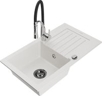 Mexen Pablo granitový kuchynský drez s 1 komorou a odkvapkávačom a kuchynskou batériou Aster, biely - 6510-20-73450-07-B