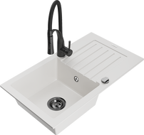 Mexen Pablo granitový drez s 1 komorou, odkvapkávacou plochou a kuchynskou batériou Aster, biely - 6510-20-73450-70-B