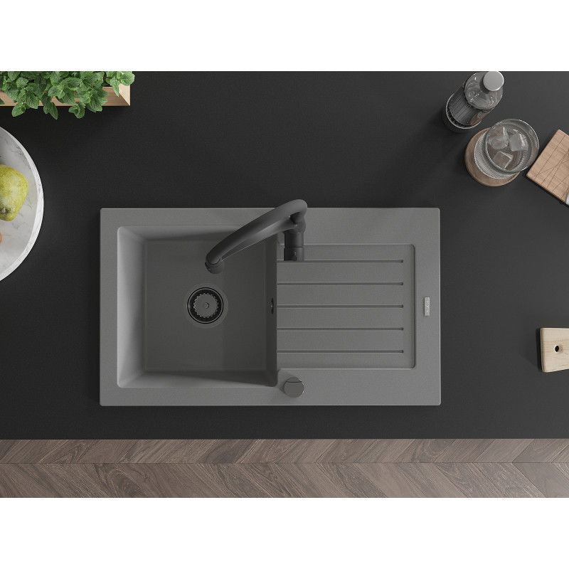 Mexen Pablo žulový kuchynský drez 1-komorový s odkvapkávačom a kuchynskou batériou Aster, sivý - 6510-71-73450-70-B