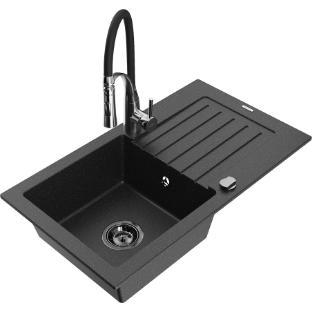Mexen Pablo granitový drez s 1 komorou, odkvapkávačom a kuchynskou batériou Aster, čierny/strieborný metalik