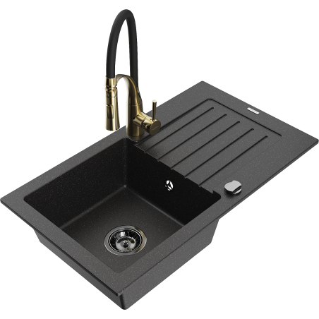 Mexen Pablo granitový drez 1-komorový s odkvapkávačom a kuchynskou batériou Aster, čierny/strieborný metalik