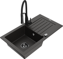 Mexen Pablo žulový drez 1-komorový s odkvapkávačom a kuchynskou batériou Aster, čierny/zlatý metalik - 6510-75-73450-70-B