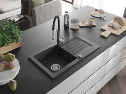 Mexen Pablo granitový drez s jednou komorou s odkvapkávačom a kuchynskou batériou Aster, čierny s bodkami