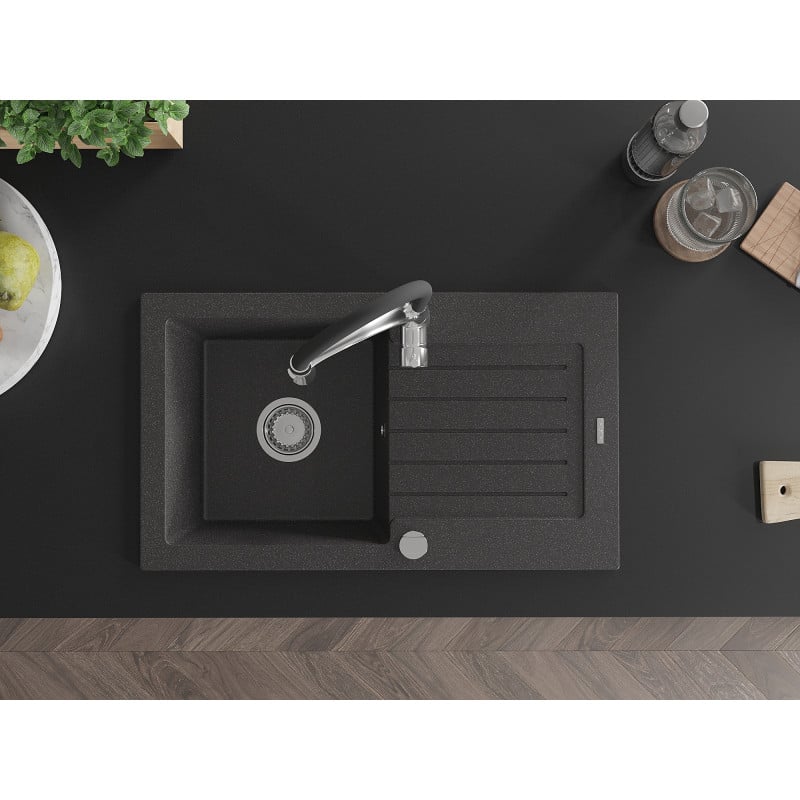 Mexen Pablo granitový drez s jednou komorou s odkvapkávačom a kuchynskou batériou Aster, čierny s bodkami