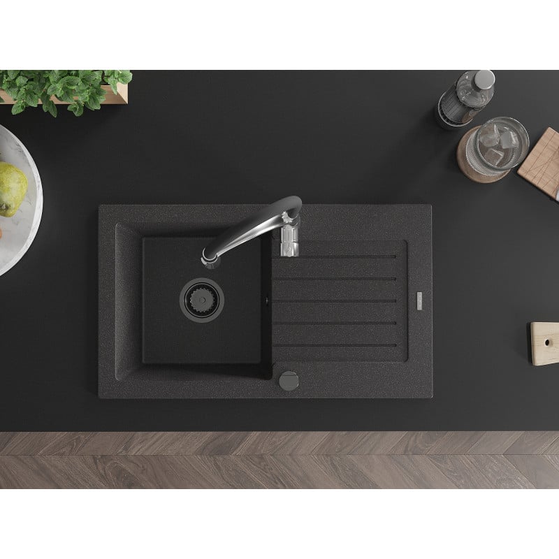 Mexen Pablo žulový drez 1-komorový s odkvapkávačom a kuchynskou batériou Aster, čierny bodkovaný - 6510-76-73450-07-B
