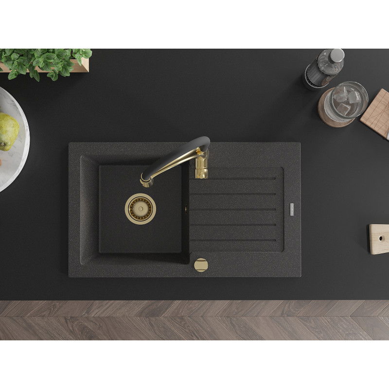 Mexen Pablo žulový drez s 1 komorou s odkvapkávacou plochou a kuchynskou batériou Aster, čierny šplháč - 6510-76-73450-57-G