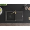 Mexen Pablo žulový drez s jednou komorou s odkvapkávačom a kuchynskou batériou Aster, čierny škvrnitý