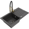 Mexen Pablo žulový drez s jednou komorou s odkvapkávačom a kuchynskou batériou Aster, čierny škvrnitý