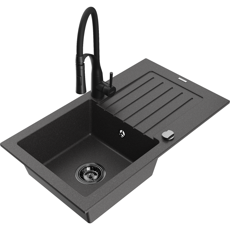 Mexen Pablo granitový drez 1-komorový s odkvapkávacou plochou a kuchynskou batériou Aster, čierny škvrnitý - 6510-76-73450-70-B