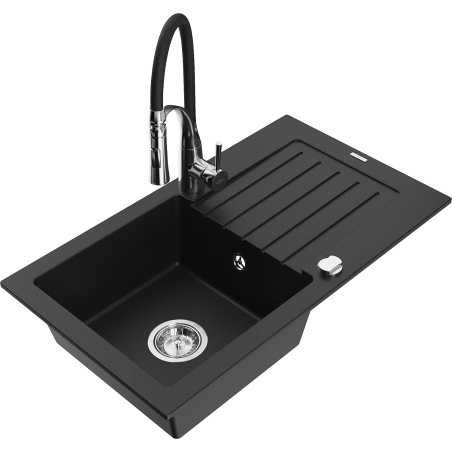 Mexen Pablo granitový drez s 1 komorou s odkvapkávačom a kuchynskou batériou Aster, čierny - 6510-77-73450-07